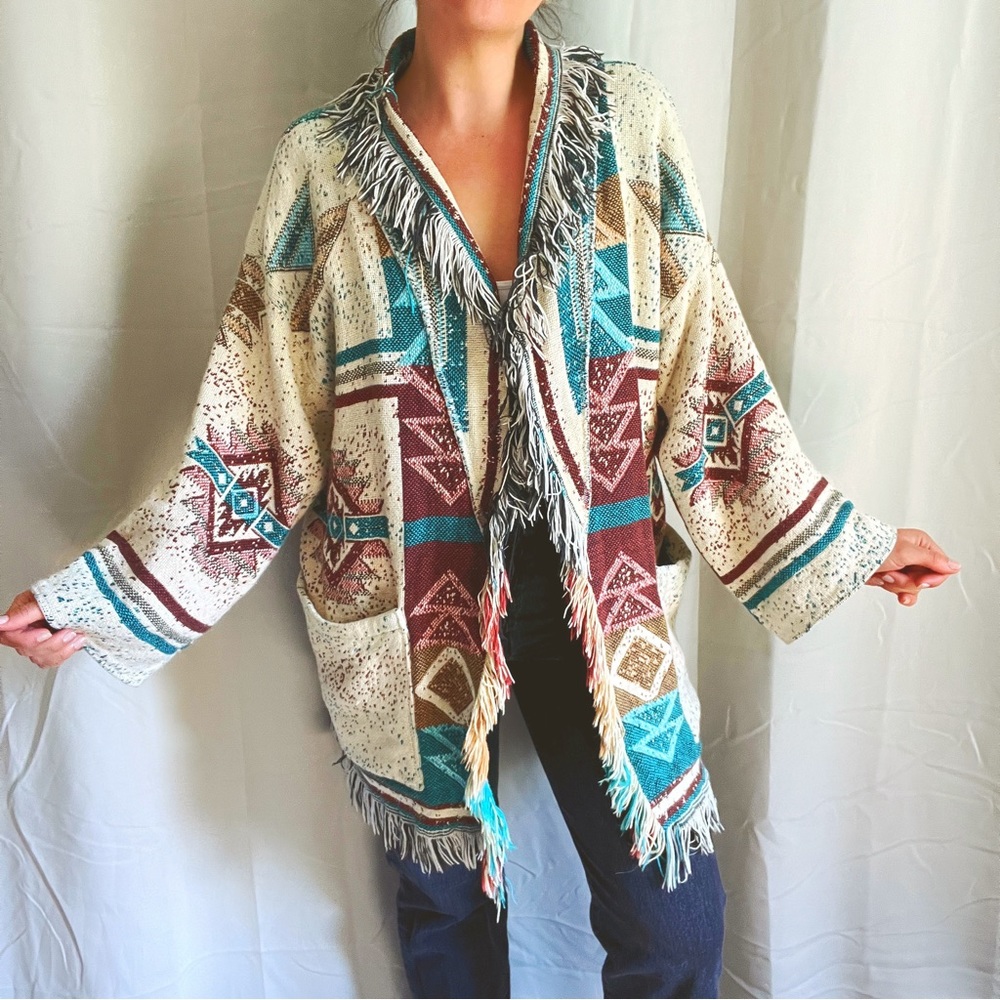 VTG Handmade Southwestern Aztec Native American Blanket Fringe Cardigan / Coat - Picture 16 of 16
